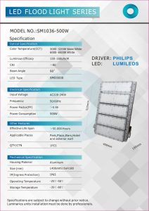 SM1036 LED Floodlight 5-Module 500W (5x100W) Cool-White, Driver _ Philips, LEDChip _ Lumileds ODEA